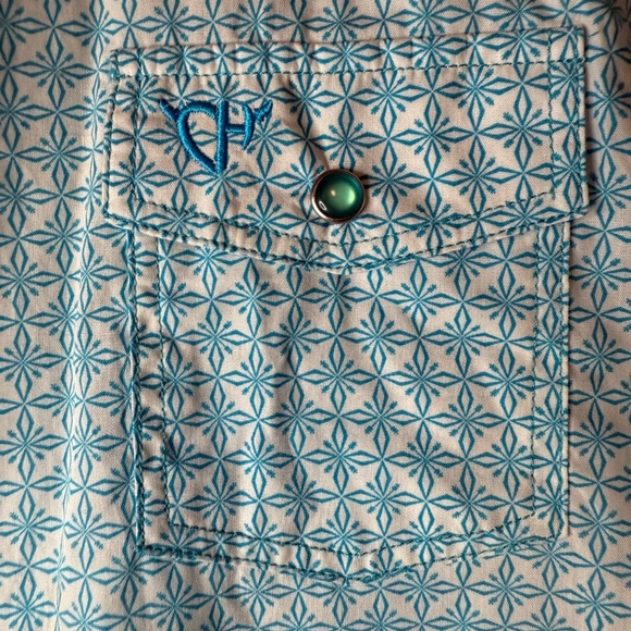 Cowgirl Hardware Blue Pearl Snap Shirt Embroidered Western Christian Cross - Picture 5 of 8